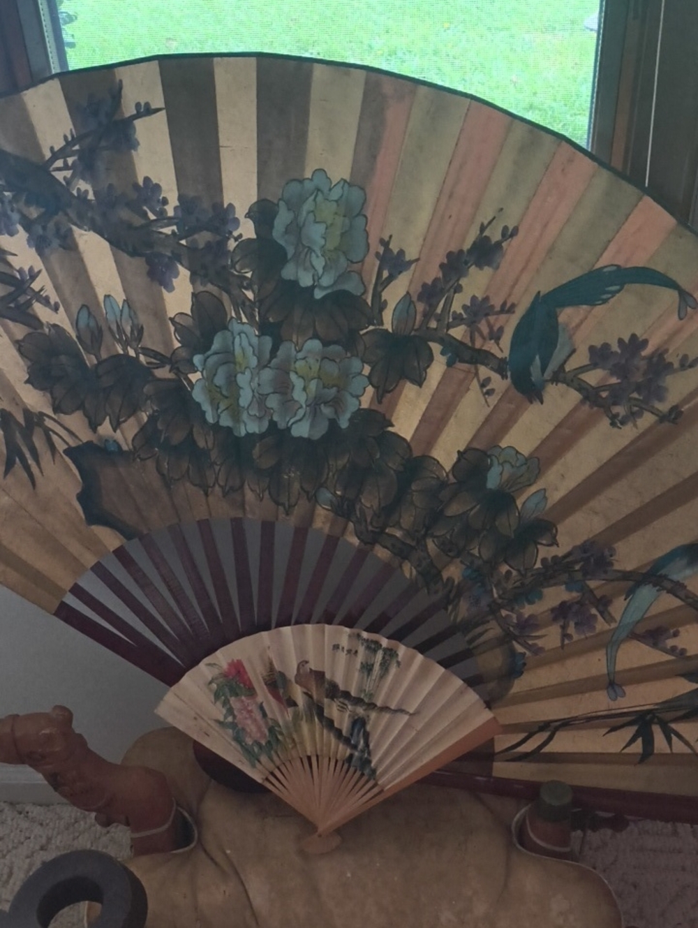 Hand-Painted Decorative Wall Fan in Gold and Blue, 60" And 9" Hand Fan Bamboo